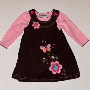 YOUNGLAND Infant Girls 18M 2 piece dress set pink & brown applique flowers